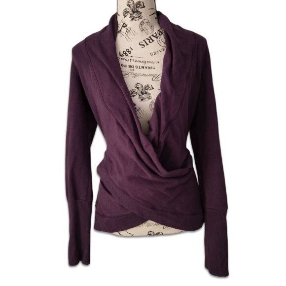 Karma Stretch Surplice Deep Faux-Wrap Top Long Sleeve Eggplant Purple Size S - Picture 1 of 6